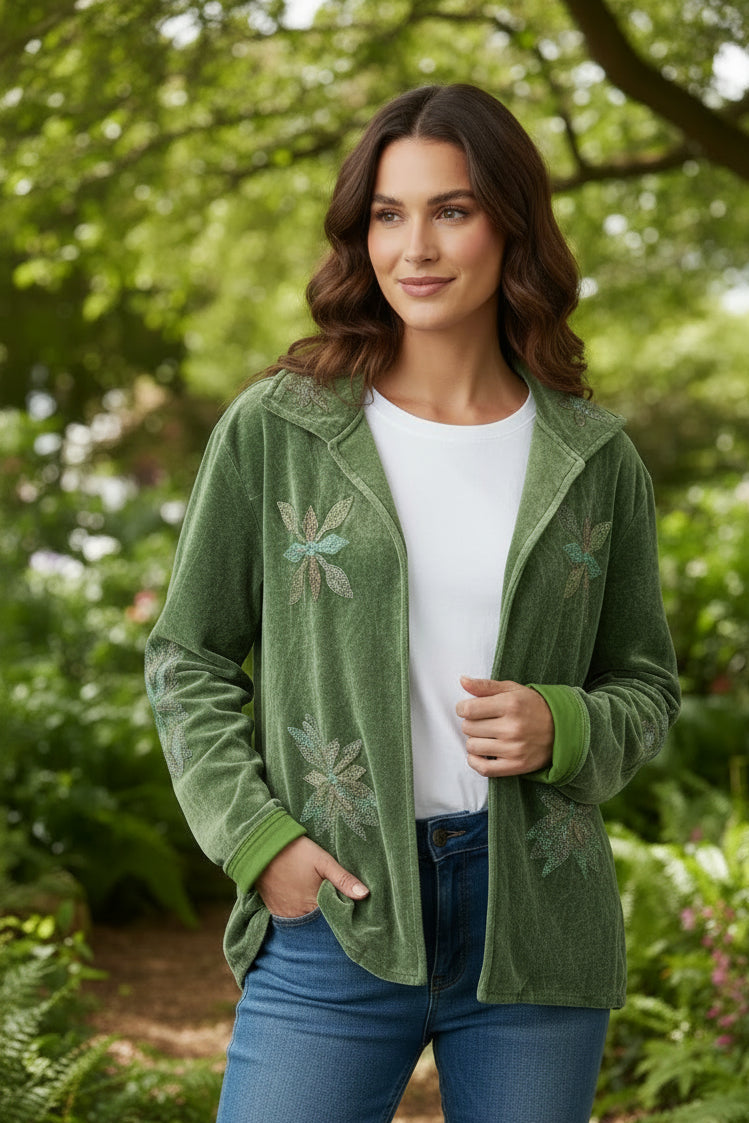 Hand Embroidered Velvet Jacket - Sage Green