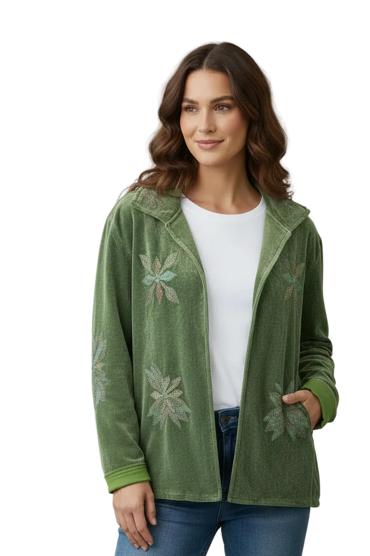 Hand Embroidered Velvet Jacket - Sage Green