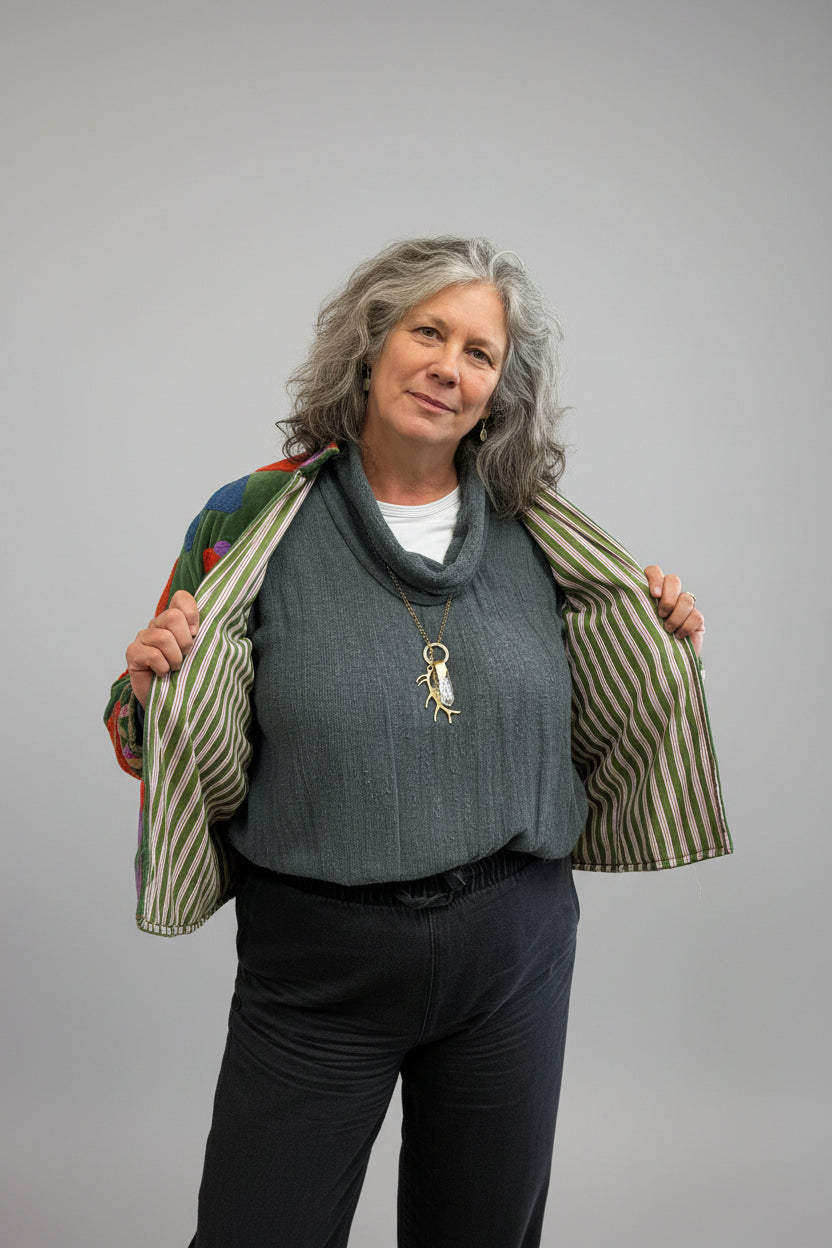 Embroidered Velvet Jacket Green Desert
