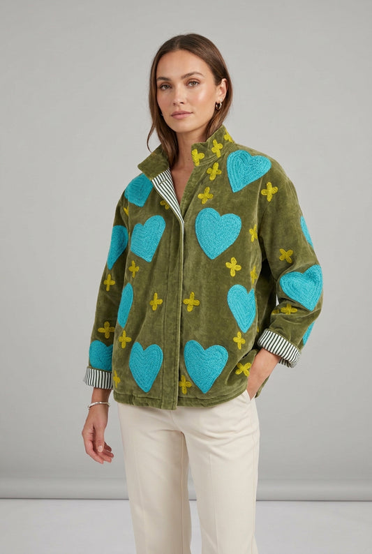 Embroidered Velvet Jacket Green with Blue Hearts and Yellow Crosses