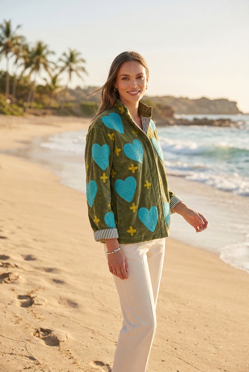 Embroidered Velvet Jacket Green with Blue Hearts and Yellow Crosses