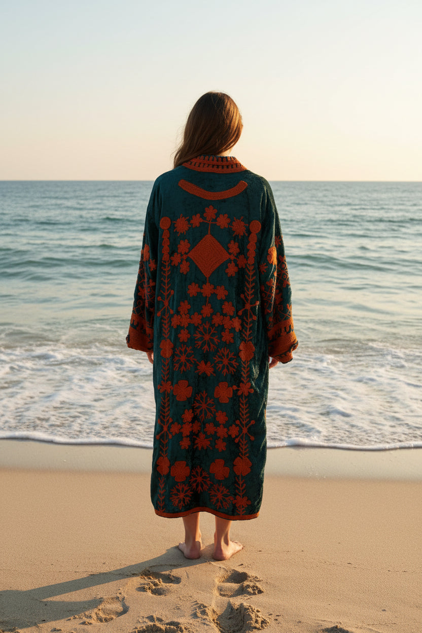 Embroidered Crushed  Velvet Coat- Emerald Green