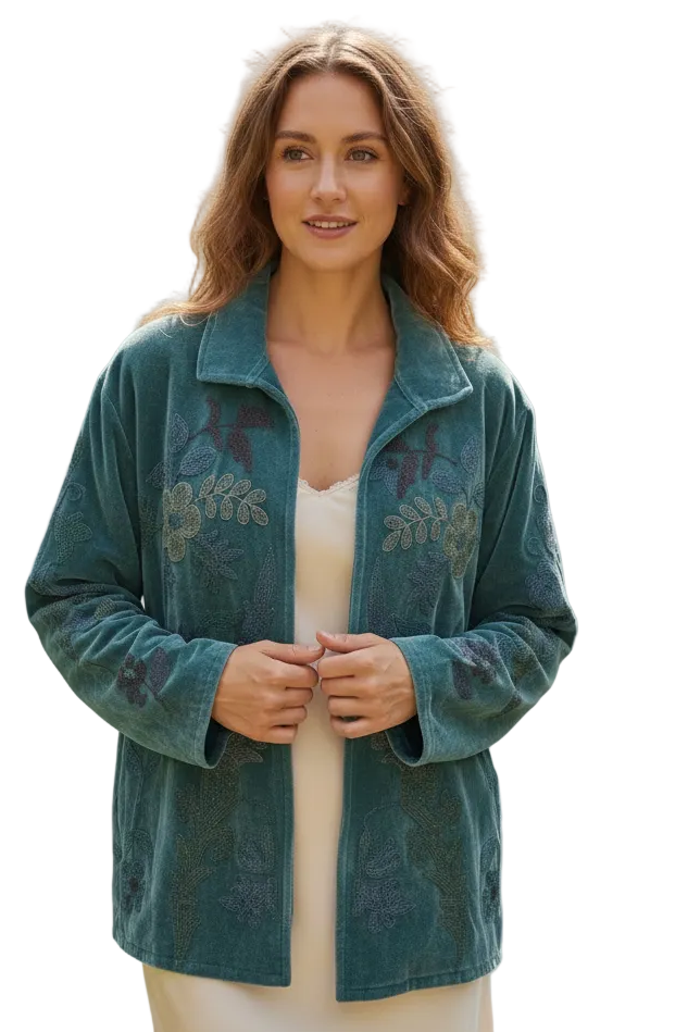 Hand Embroidered Velvet Jacket Turquoise