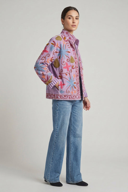 Embroidered Velvet Jacket Mauve Leopard