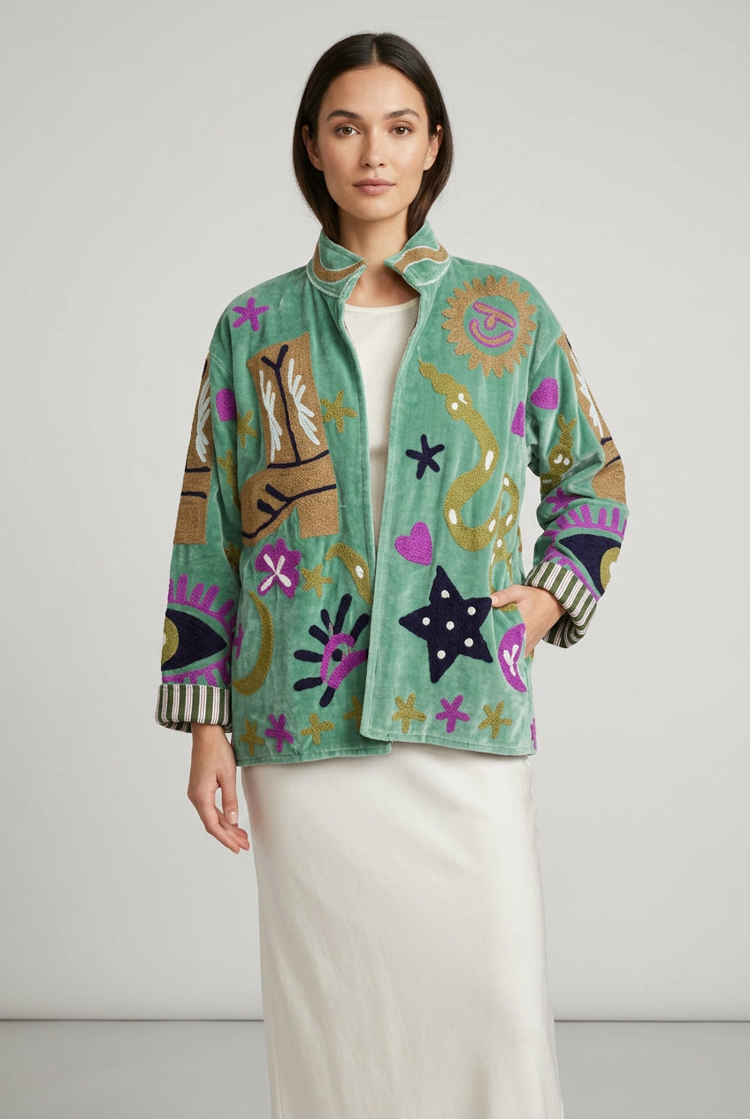 Embroidered Velvet Jacket Mint Cowgirl