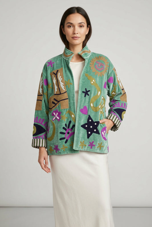 Embroidered Velvet Jacket Mint Cowgirl
