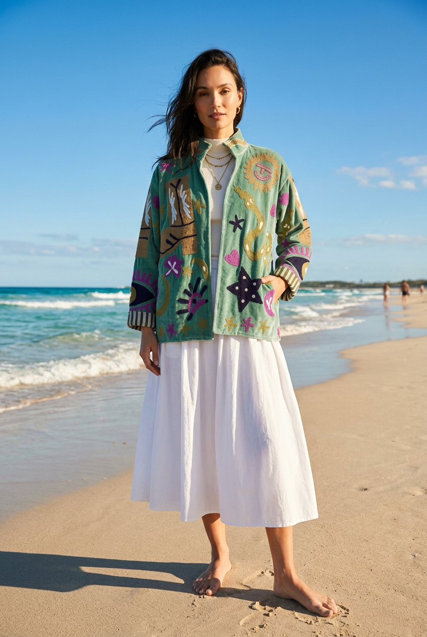 Embroidered Velvet Jacket Mint Cowgirl