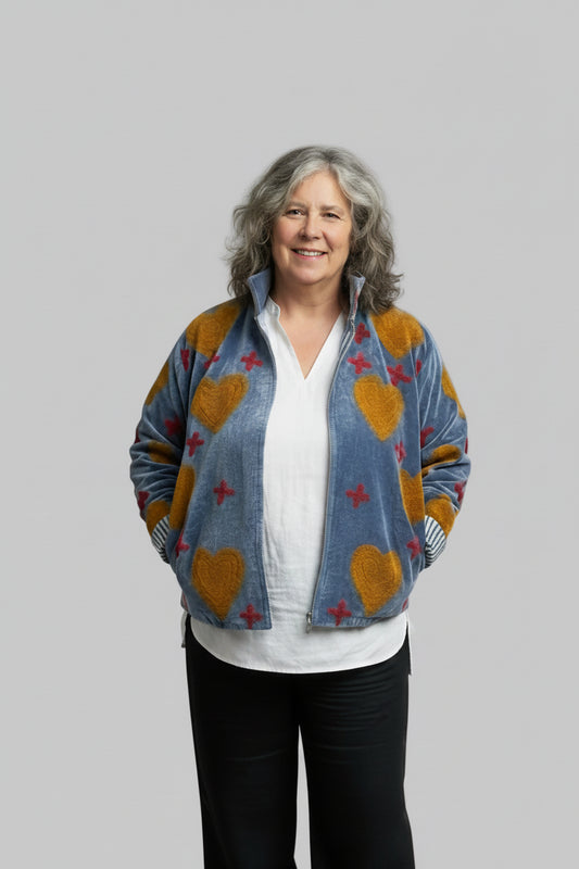 Embroidered Velvet Jacket Steel Blue Hearts