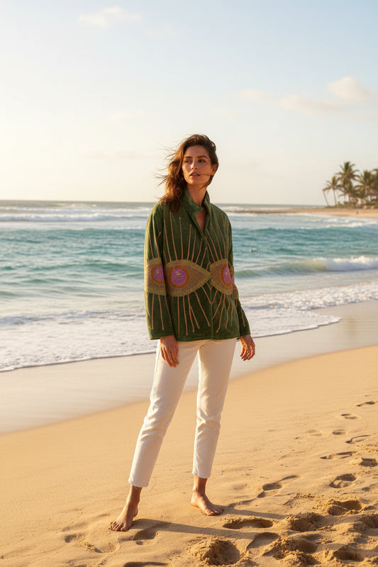 Embroidered Velvet Jacket Seeing Eye - Moss Green