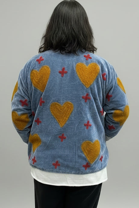 Embroidered Velvet Jacket Steel Blue Hearts