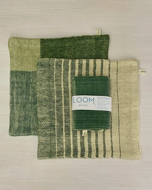 Face Washers 2 PK Green on Green /Green Natural Cotton Stripe