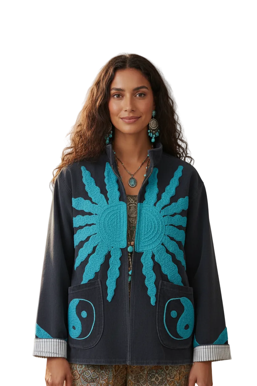 Velvet Jacket Ying & Yang - Navy with Turquoise