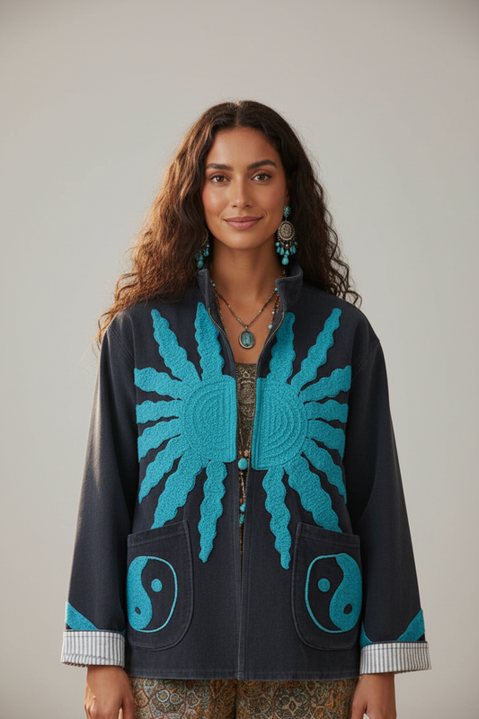 Velvet Jacket Ying & Yang - Navy with Turquoise