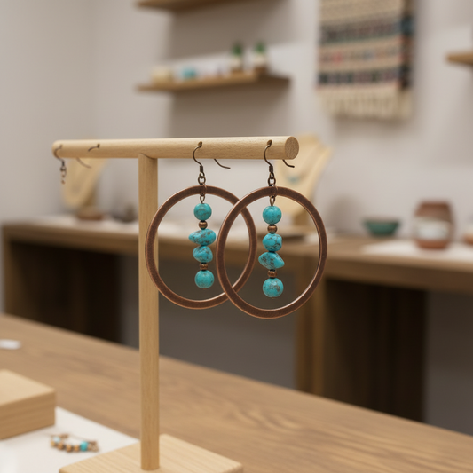 Copper Hoop Earrings w/ Blue Turquoise and Copper