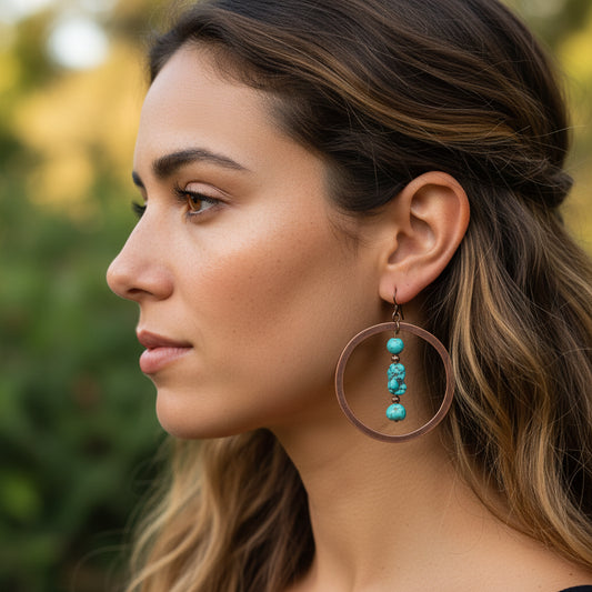 Copper Hoop Earrings w/ Blue Turquoise and Copper