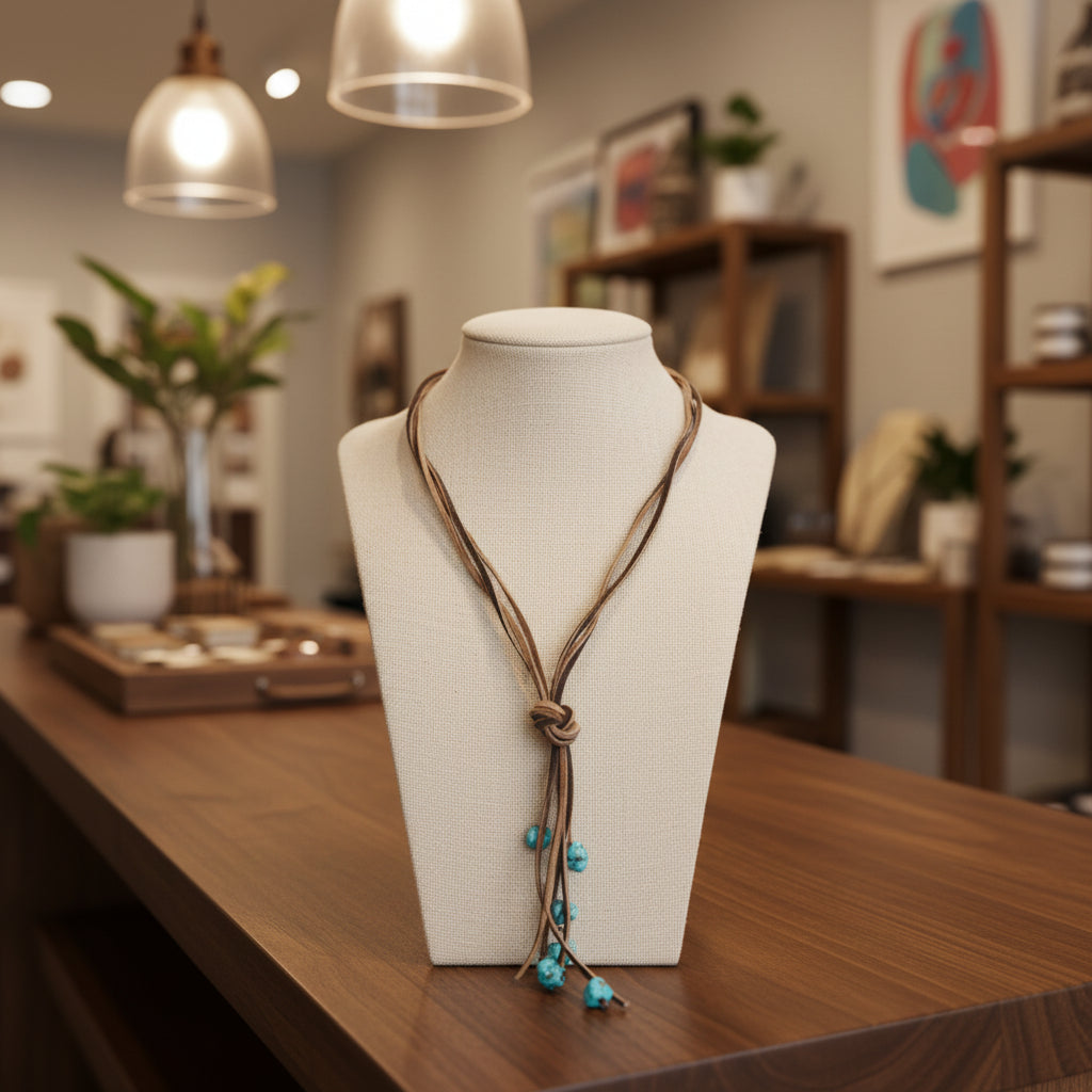 Rustic Knotted Leather Cord Necklace with Turquoise