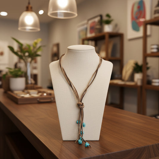 Rustic Knotted Leather Cord Necklace with Turquoise